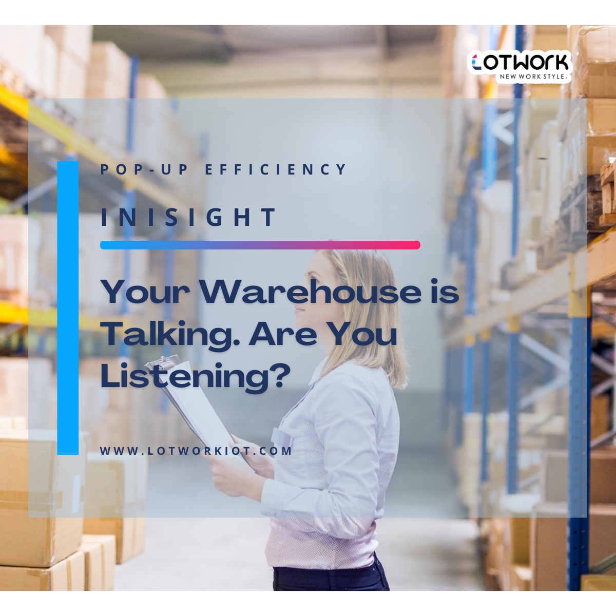 Woman in a warehouse holding a list, text overlay: 