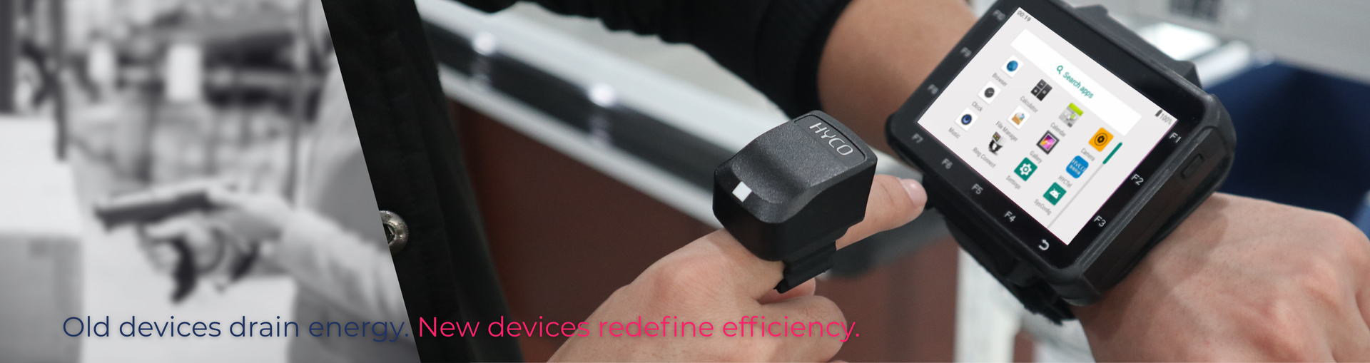 Old handheld scanners consuming power at multiple charging stations compared to energy-efficient Lotwork W26 wearable scanners.