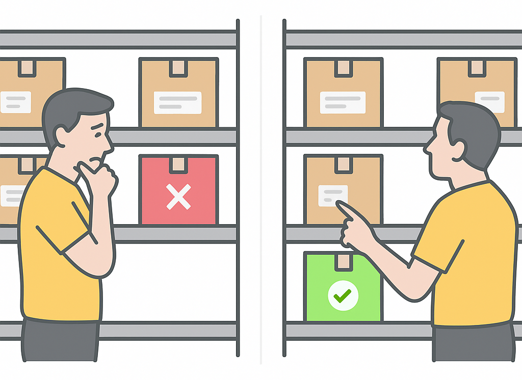 Warehouse worker choosing between similar bins with and without pick to light guidance illustrating the Last 10 Feet Problem.