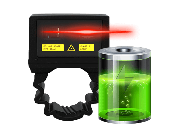 A Hyco Ring Scanner with a red laser and a green battery.