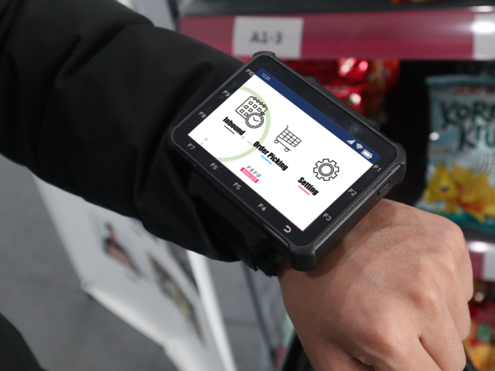 Person wearing a Wearable Computer in a store; the screen shows app icons: 