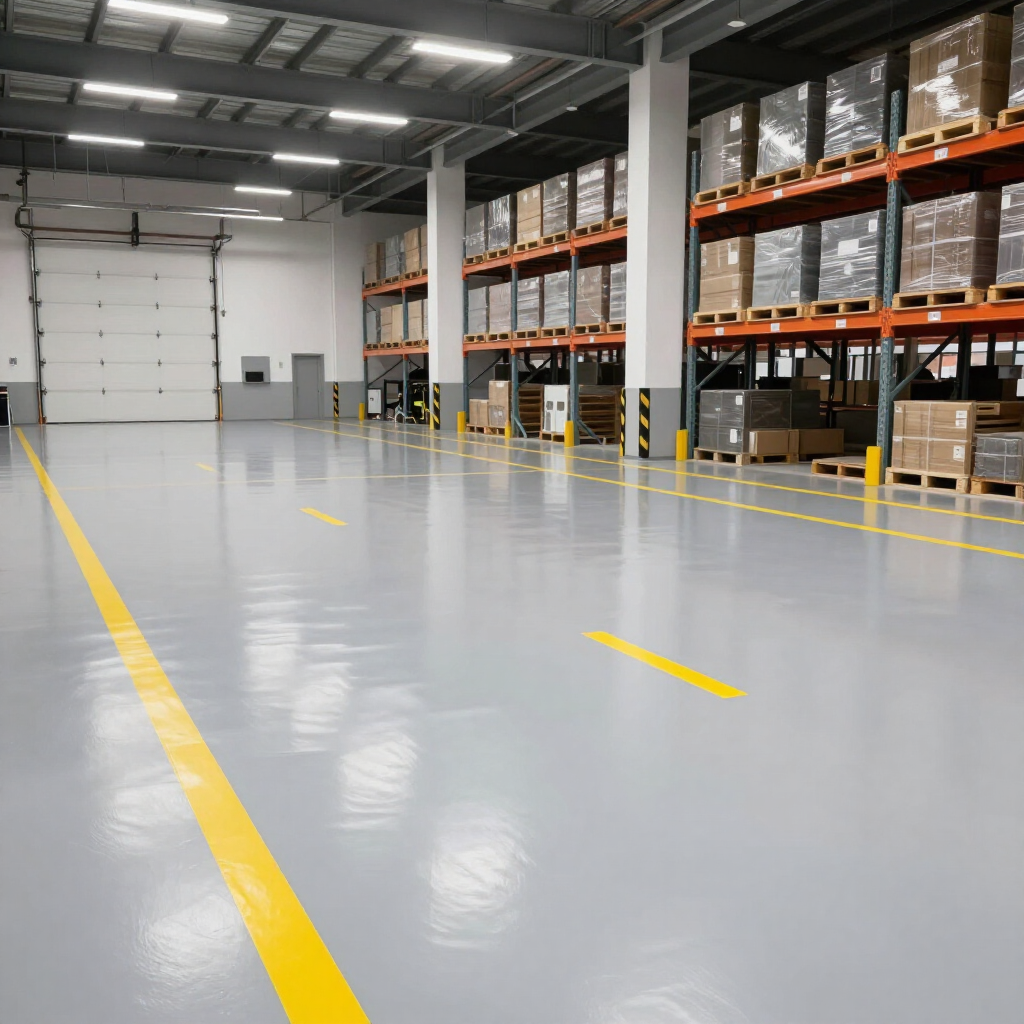 An empty warehouse interior with grey flooring, yellow lane markings, and metal shelving units stacked with boxes.