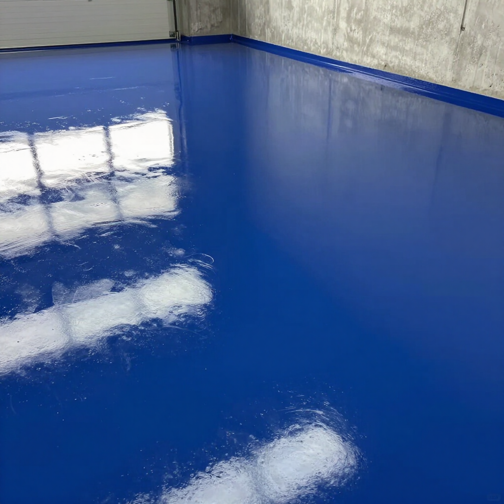 A freshly applied, high-gloss royal blue epoxy floor in a garage with reflected overhead lighting.