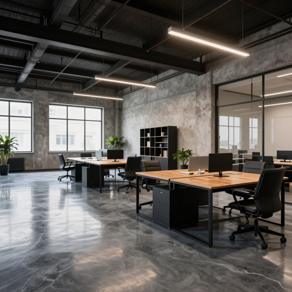 Modern industrial-style open-plan office with desks, black furniture, concrete walls, and large windows.