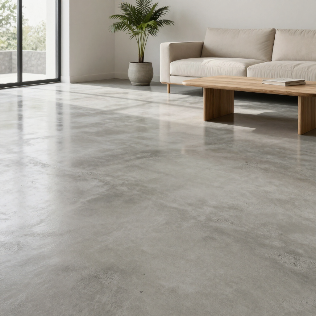 A modern, minimalist living room with polished gray concrete floors, a neutral sofa, and a wooden coffee table.