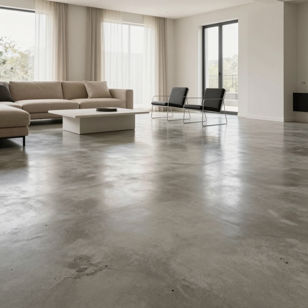 A modern living room with a neutral-toned sofa, a low coffee table, and two minimalist chairs on a polished concrete floor.