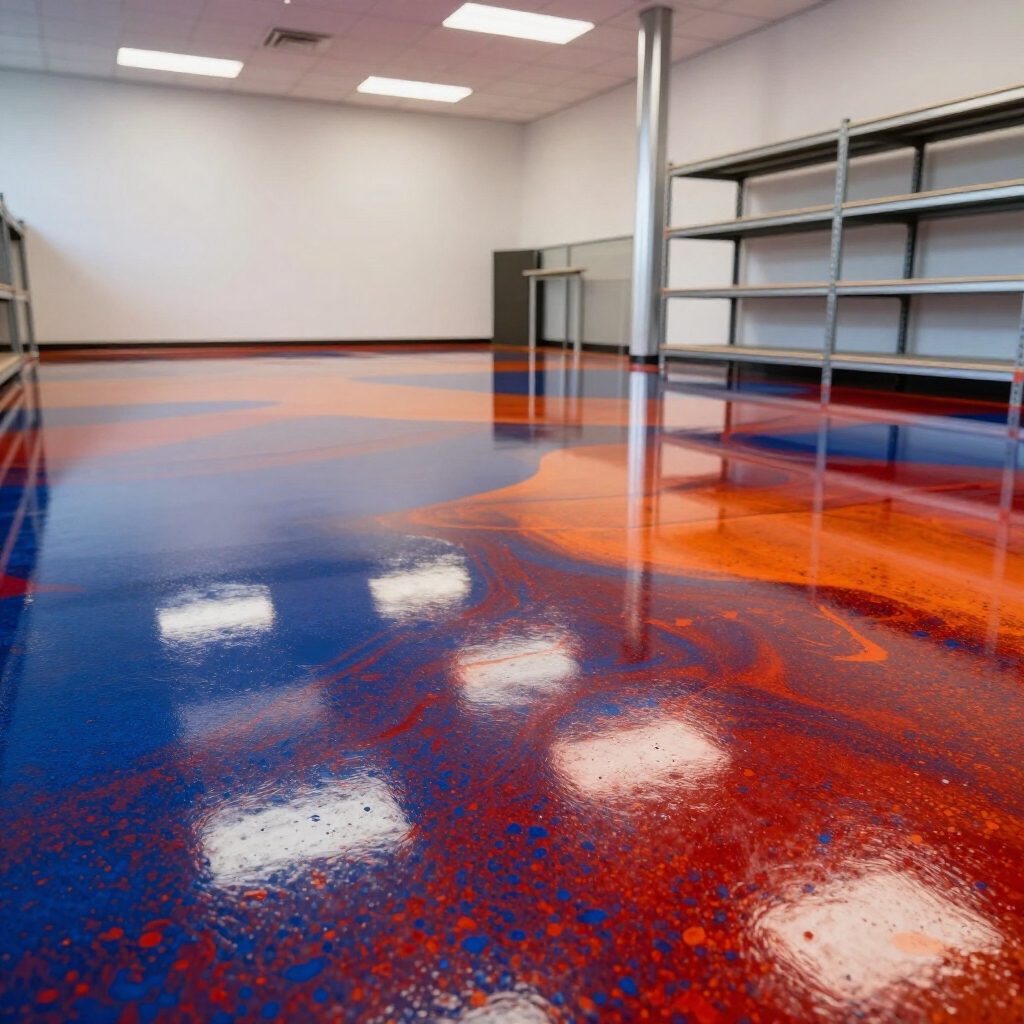 Workers in protective gear apply a glossy dark blue coating to a concrete floor in a bright, modern office space.