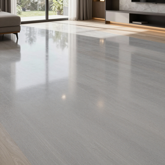A high-angle view of a polished, light gray stone floor reflecting sunlight, adjacent to a living area with furniture.