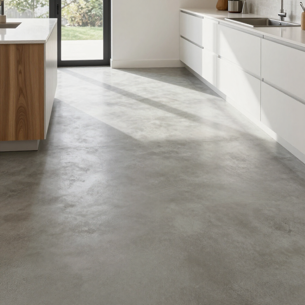 A modern kitchen with grey concrete flooring, a wooden kitchen island, and white cabinets under a windowed wall.
