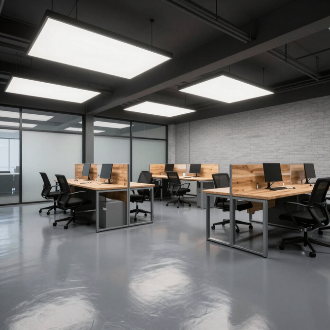 A modern, open-plan office with rows of wooden desks, black chairs, and computers under bright rectangular ceiling lights.