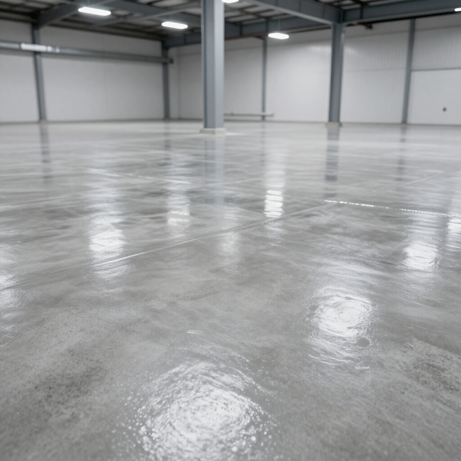 A wide, empty industrial warehouse with a smooth, highly polished grey concrete floor reflecting overhead lights.
