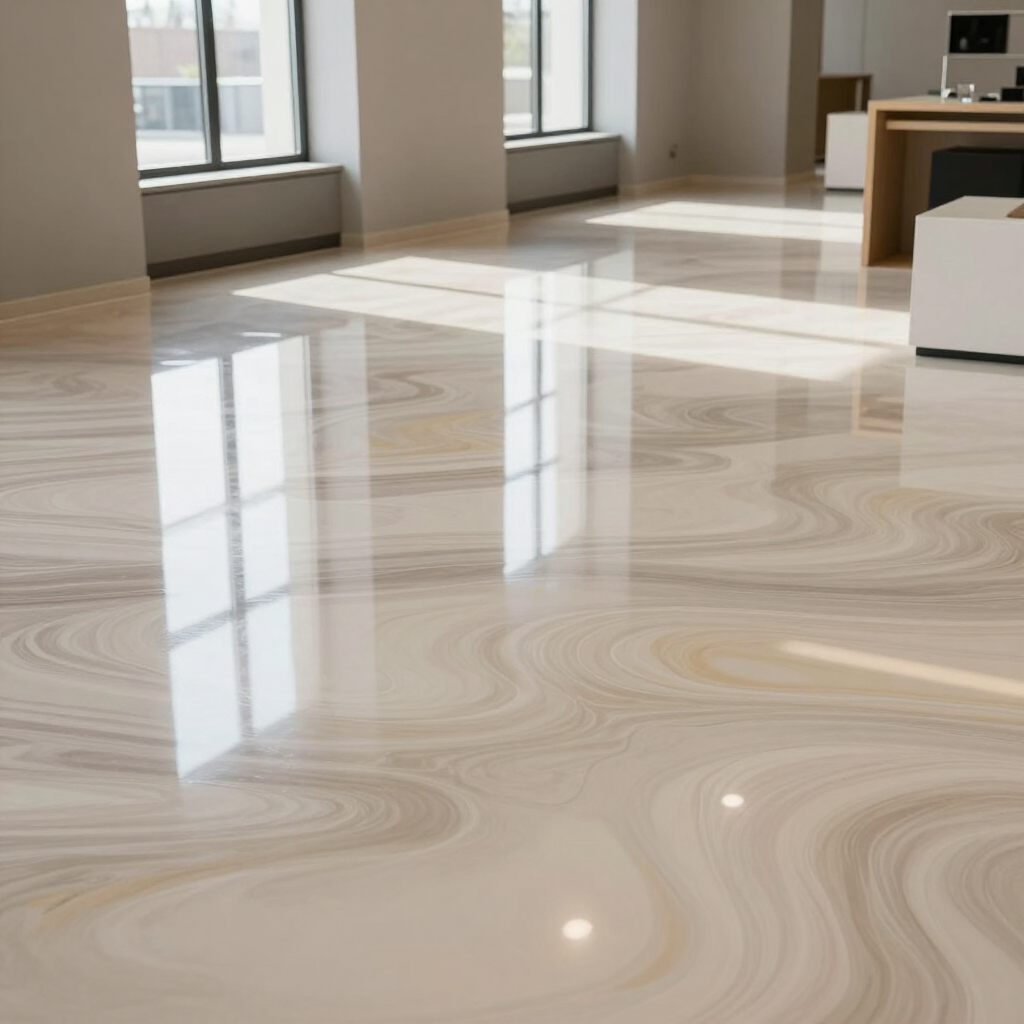 A bright office interior with a polished, beige marble-patterned epoxy floor reflecting the windows and natural light.