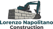 Dark teal excavator over a stone wall, "Lorenzo Napolitano Construction" logo.