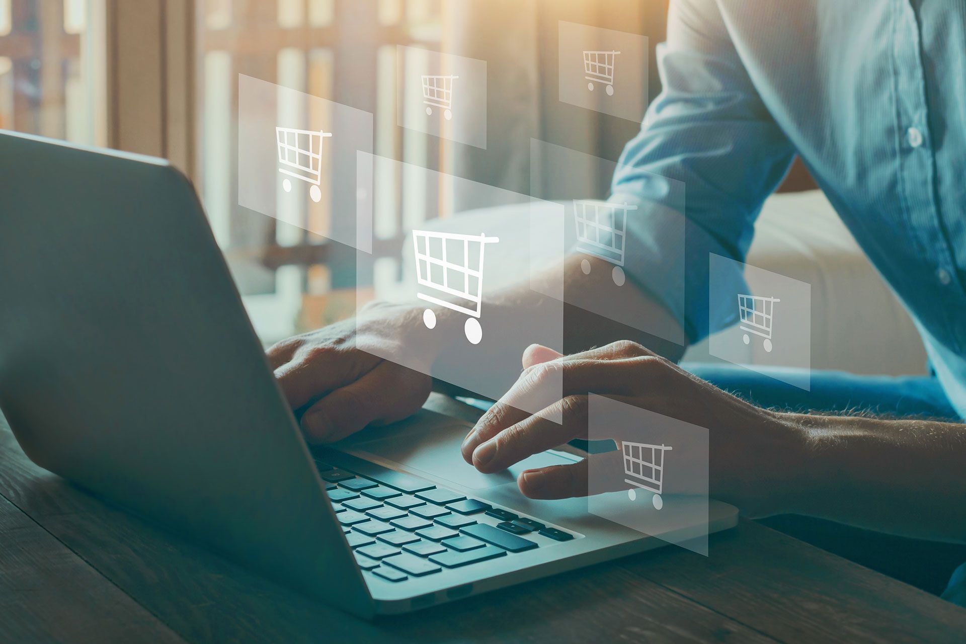 order in online store, shopping on internet, concept on virtual screen with hands typing on keyboard