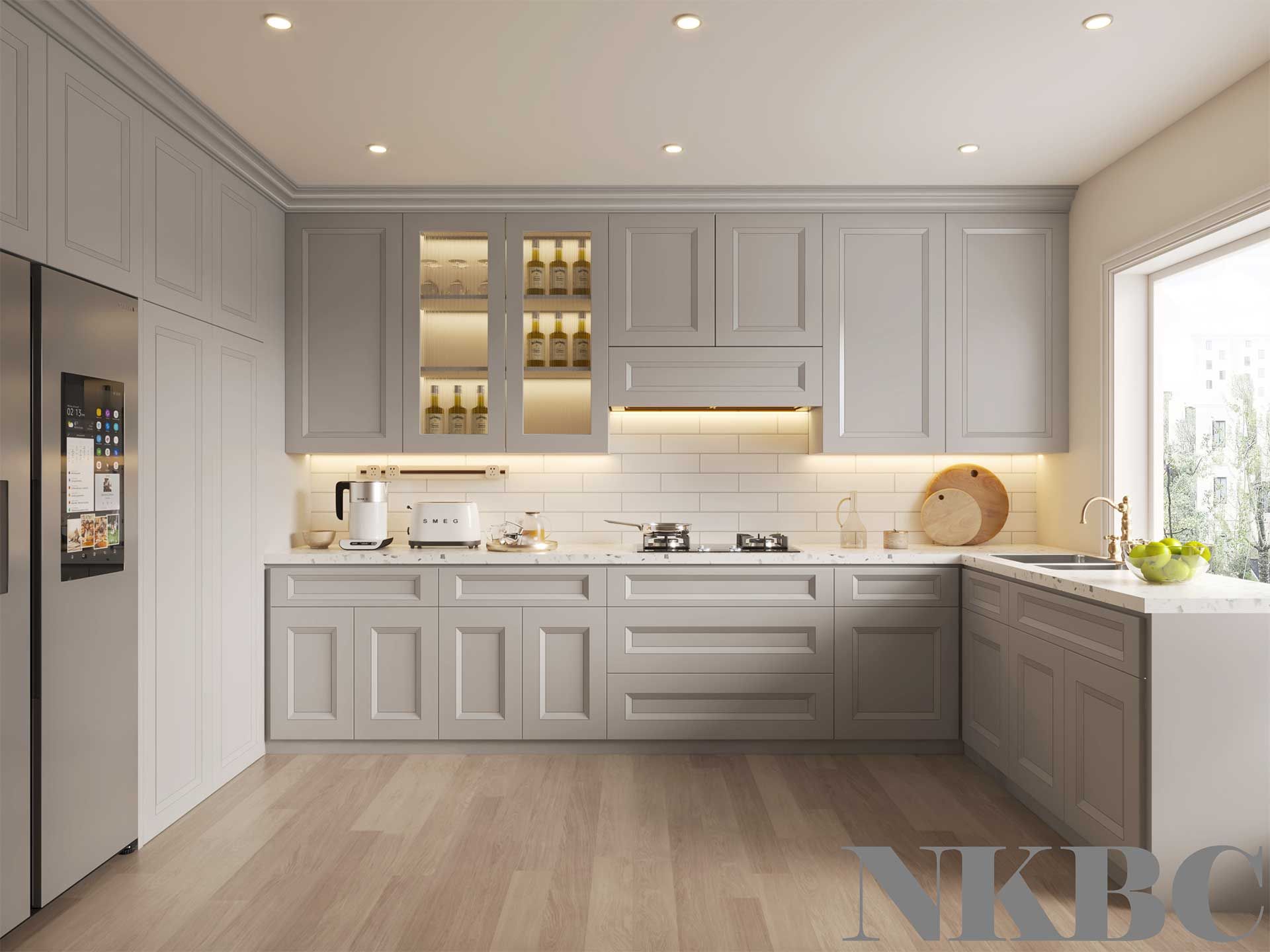 A kitchen with platinum cabinets , a stainless steel refrigerator , a sink , and a window.