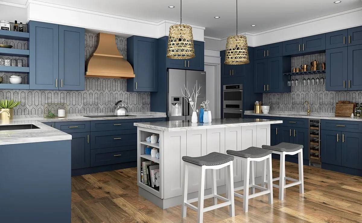 A kitchen with blue cabinets , white counter tops , and blue chairs.