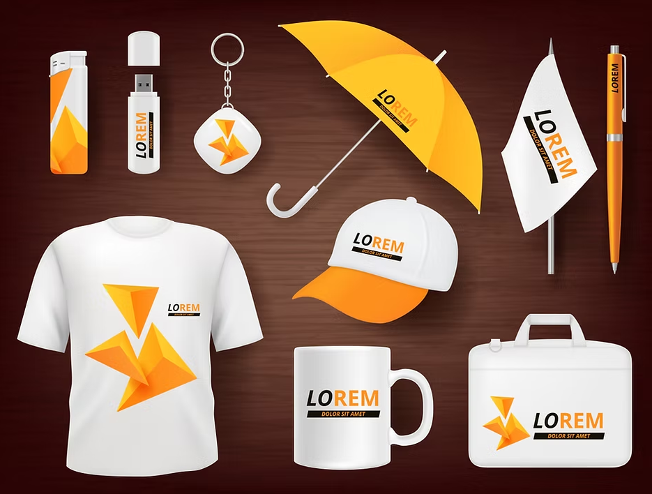 Promotional merchandise set with a white and orange color scheme, including t-shirt, umbrella, cap, and mug.