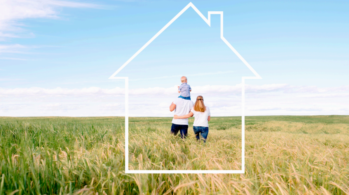 family walking through field outlined in white by the shape of a house
