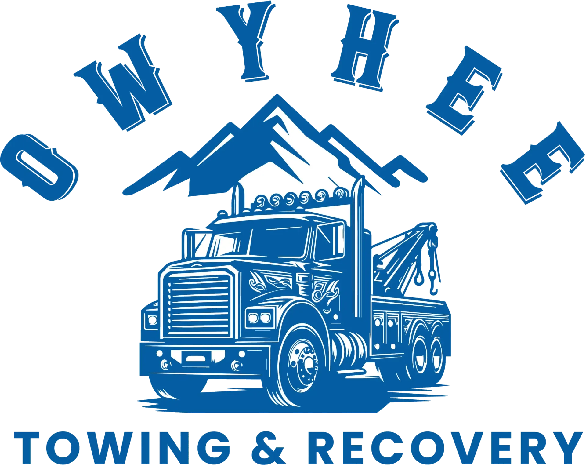 Blue tow truck with mountains, and "OWYHEE TOWING & RECOVERY" text.