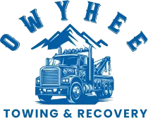 Blue tow truck with mountains, and "OWYHEE TOWING & RECOVERY" text.