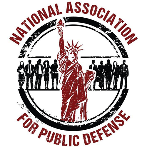 The logo for the national association for public defense shows the statue of liberty holding a torch.