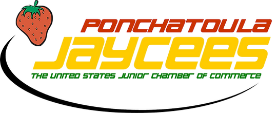 Logo for Ponchatoula Jaycees, with a strawberry, text in red and yellow, and a black curved line.