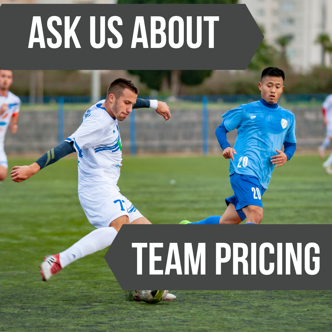 Soccer players on field; ask about team pricing.