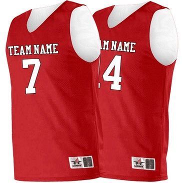 Two red reversible basketball jerseys, one with number 7, the other 4, team name on front, white reverse side.