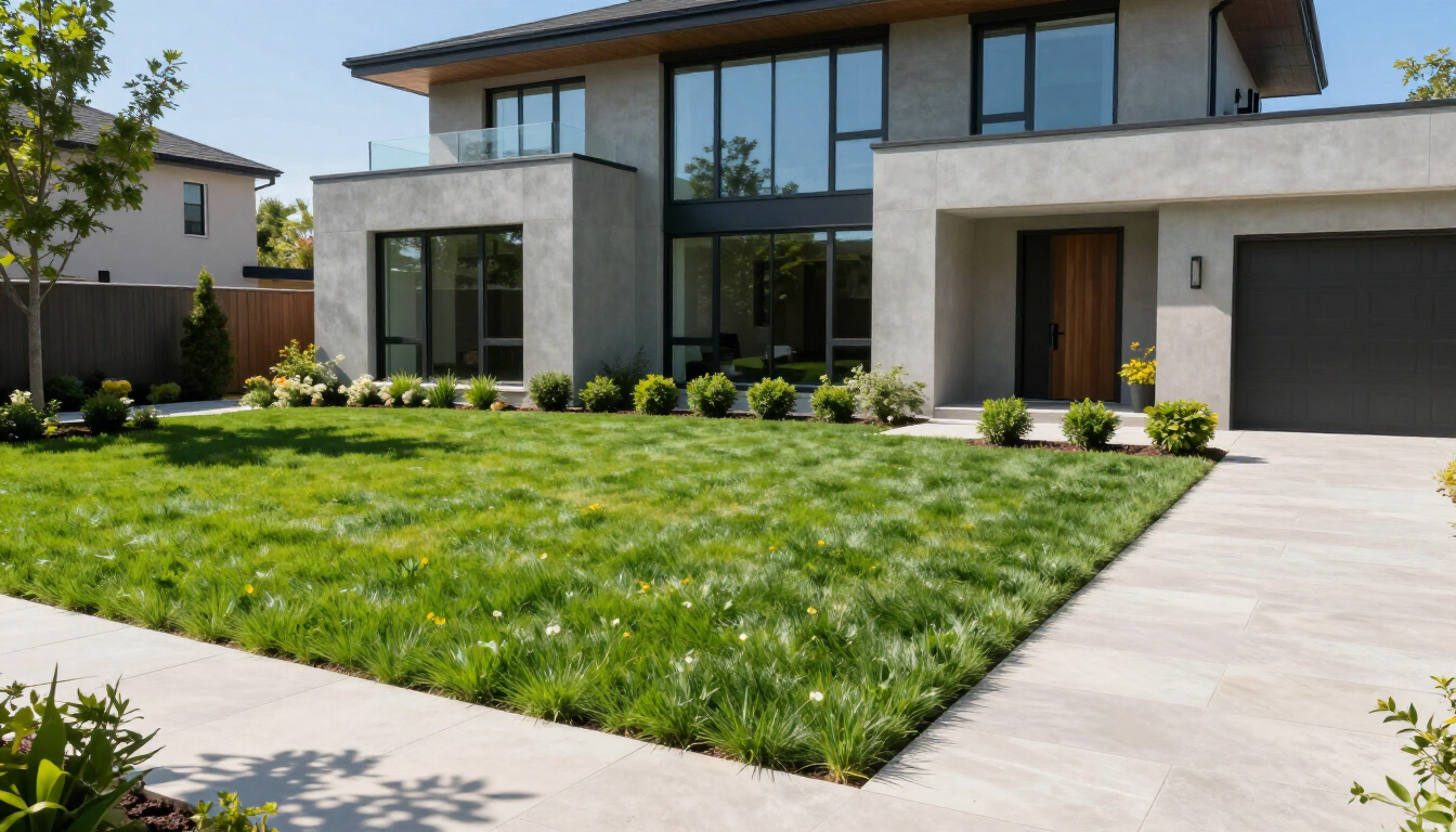 Fresh rolls of green sod ready for installation on a residential landscaping site.