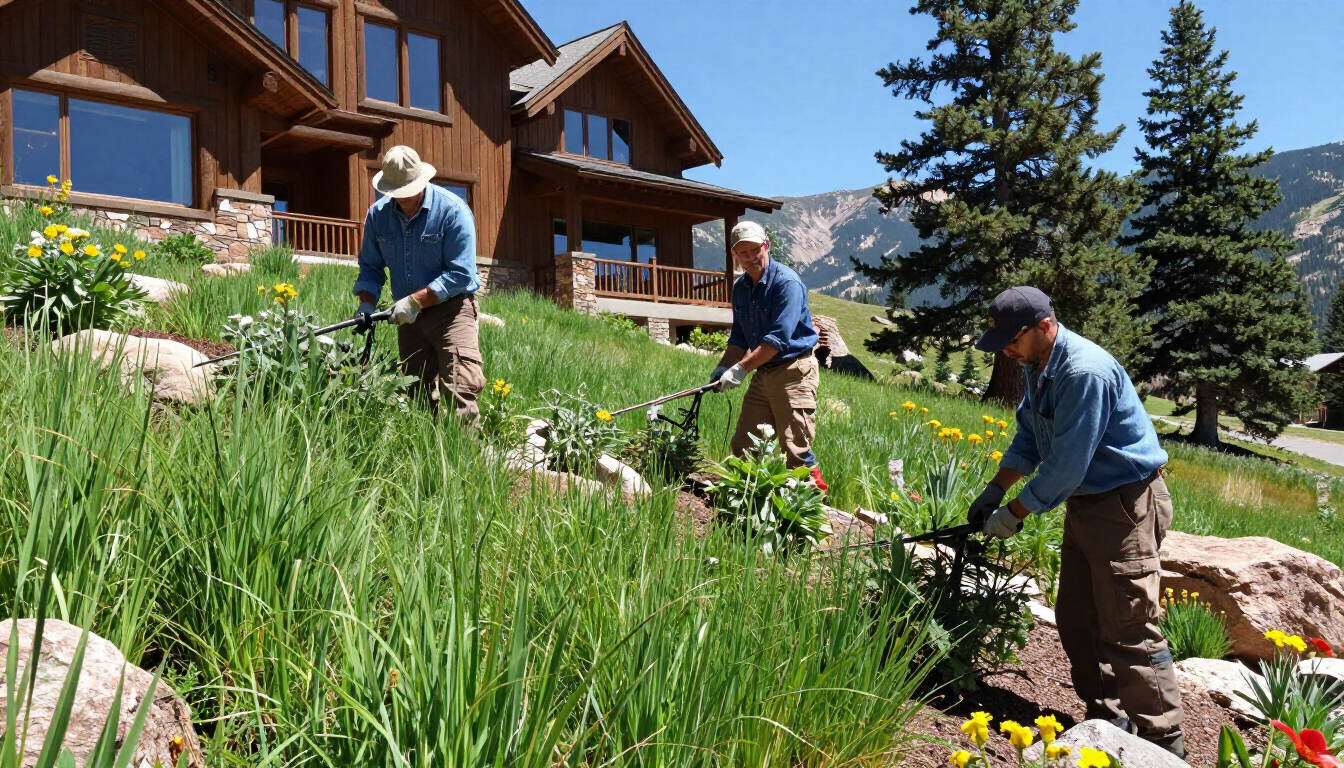 Professional landscaping contractors in Colorado working on a luxury residential property.