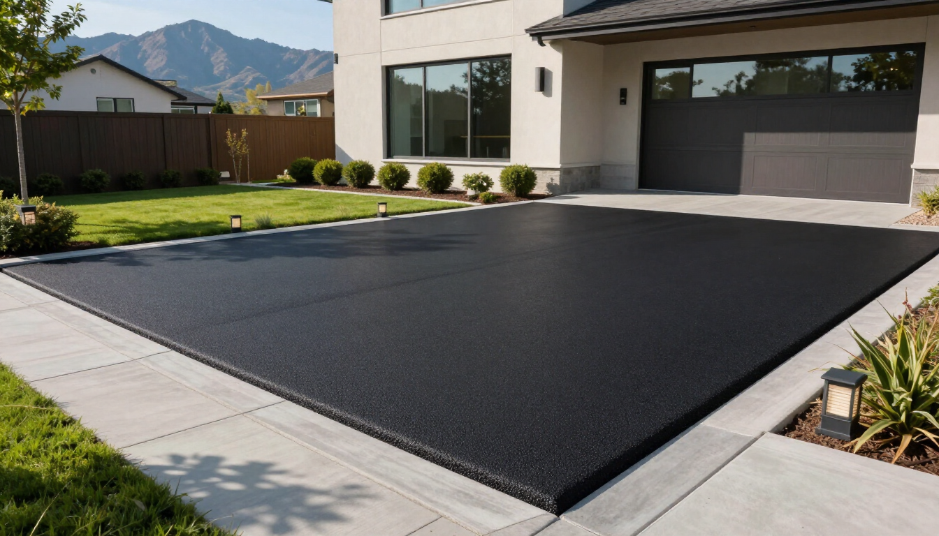 Professional paving crew laying a fresh asphalt driveway for a residential property.