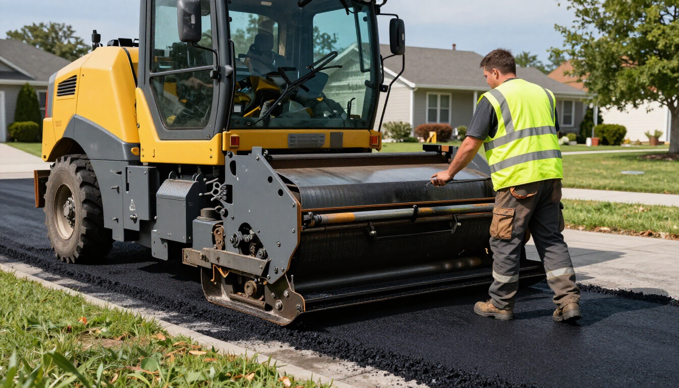 Professional paving crew laying a fresh asphalt driveway for a residential property.