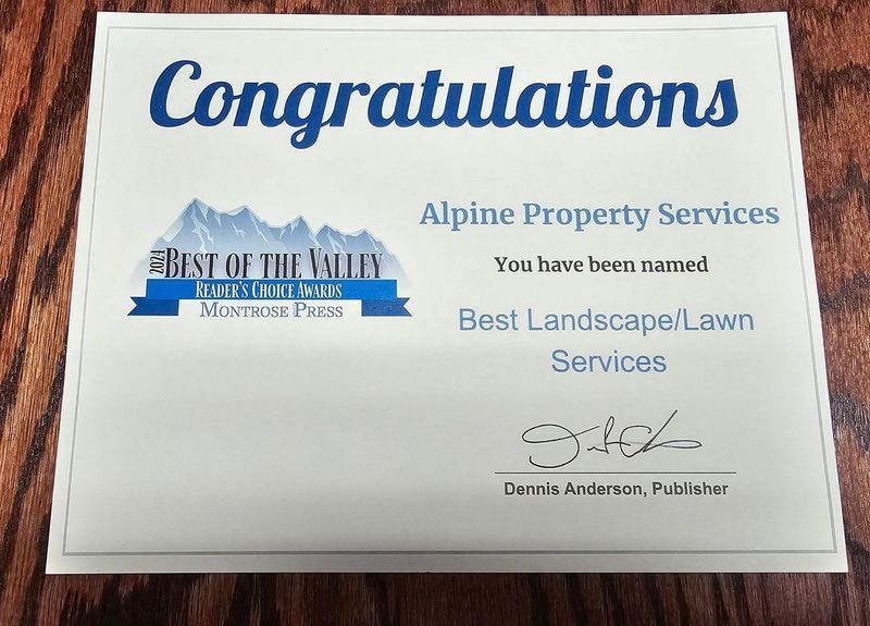 Certificate congratulating Alpine Property Services for being named Best Landscape/Lawn Services.