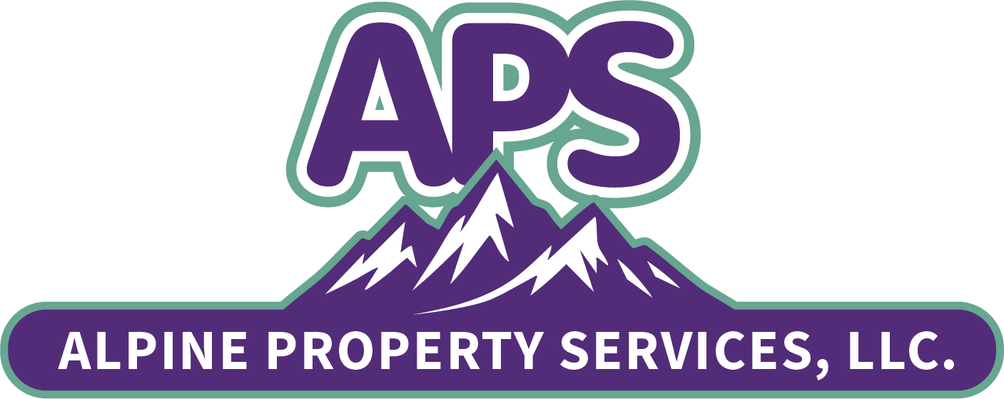 Logo for Alpine Property Services, LLC. with purple mountains, letters, and text on a teal background.