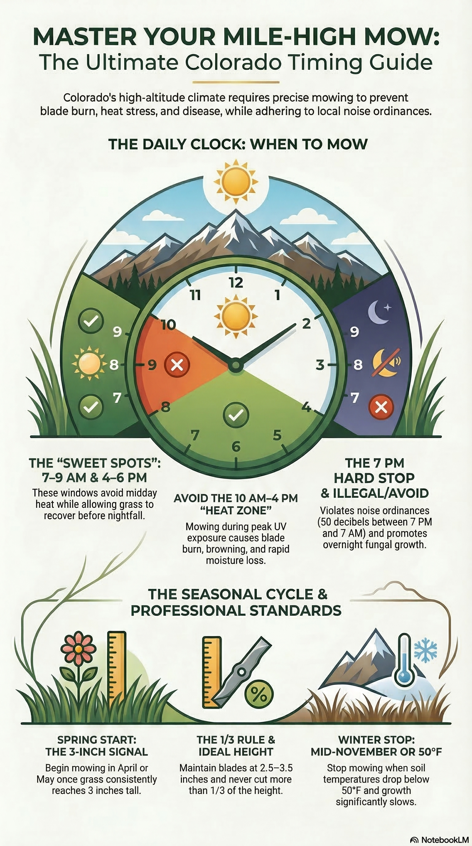 Infographic on Colorado lawn mowing, showing the best daily times and seasonal tips for healthy grass maintenance.