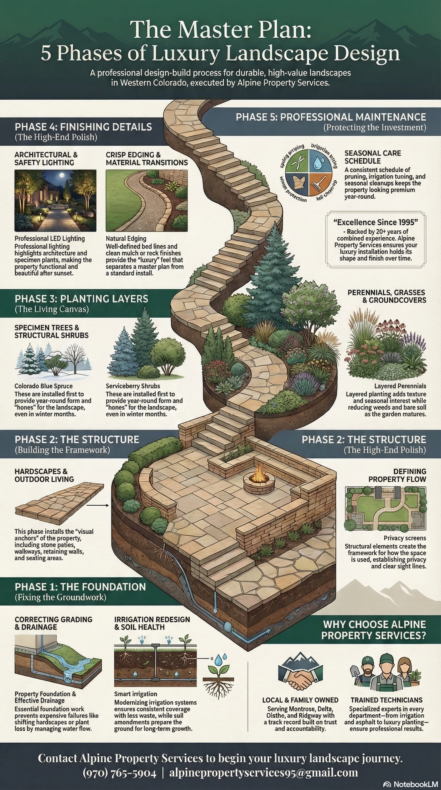 Infographic: 5 phases of luxury landscape design. Stone staircase winds up through gardens and levels with text descriptions.