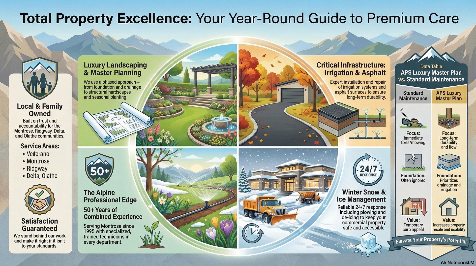 Infographic: Year-round property care guide. Sections include landscaping, hardscapes, winter snow removal, and 24/7 service.