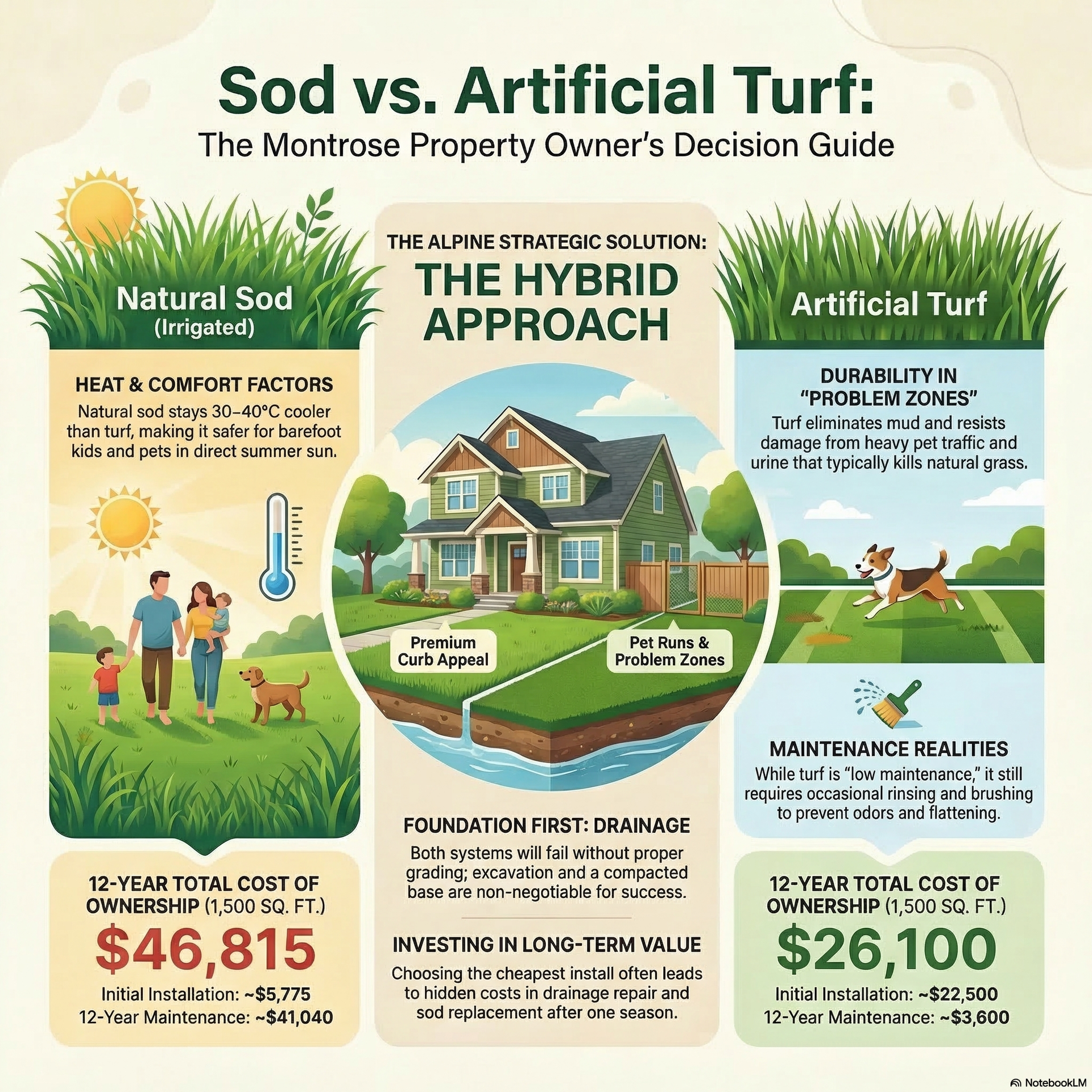Comparison guide for sod, hybrid, and artificial turf, showing costs and maintenance.