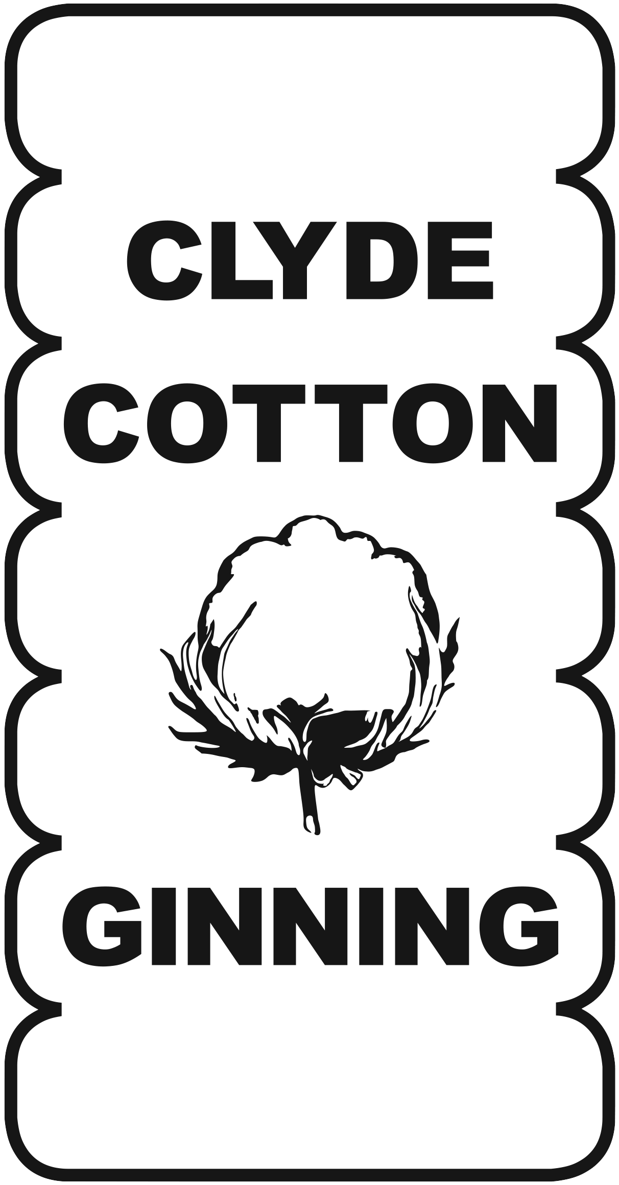 A black and white logo for clyde cotton ginning with a picture of a cotton plant.