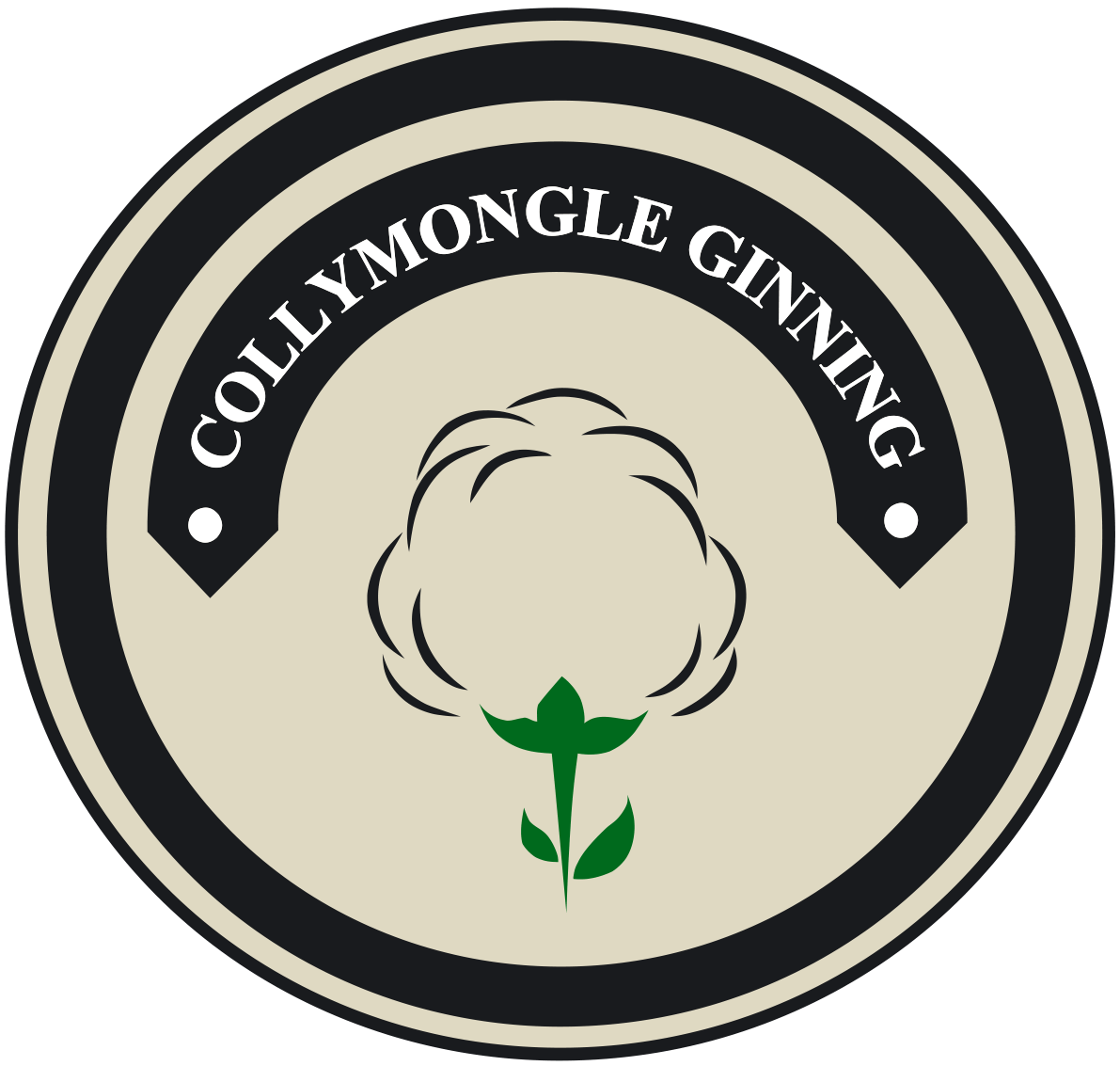 A logo for collymongle ginning with a cotton plant in the center