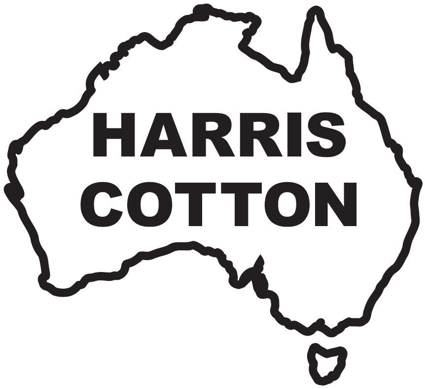 A black and white logo for harris cotton with a map of australia.