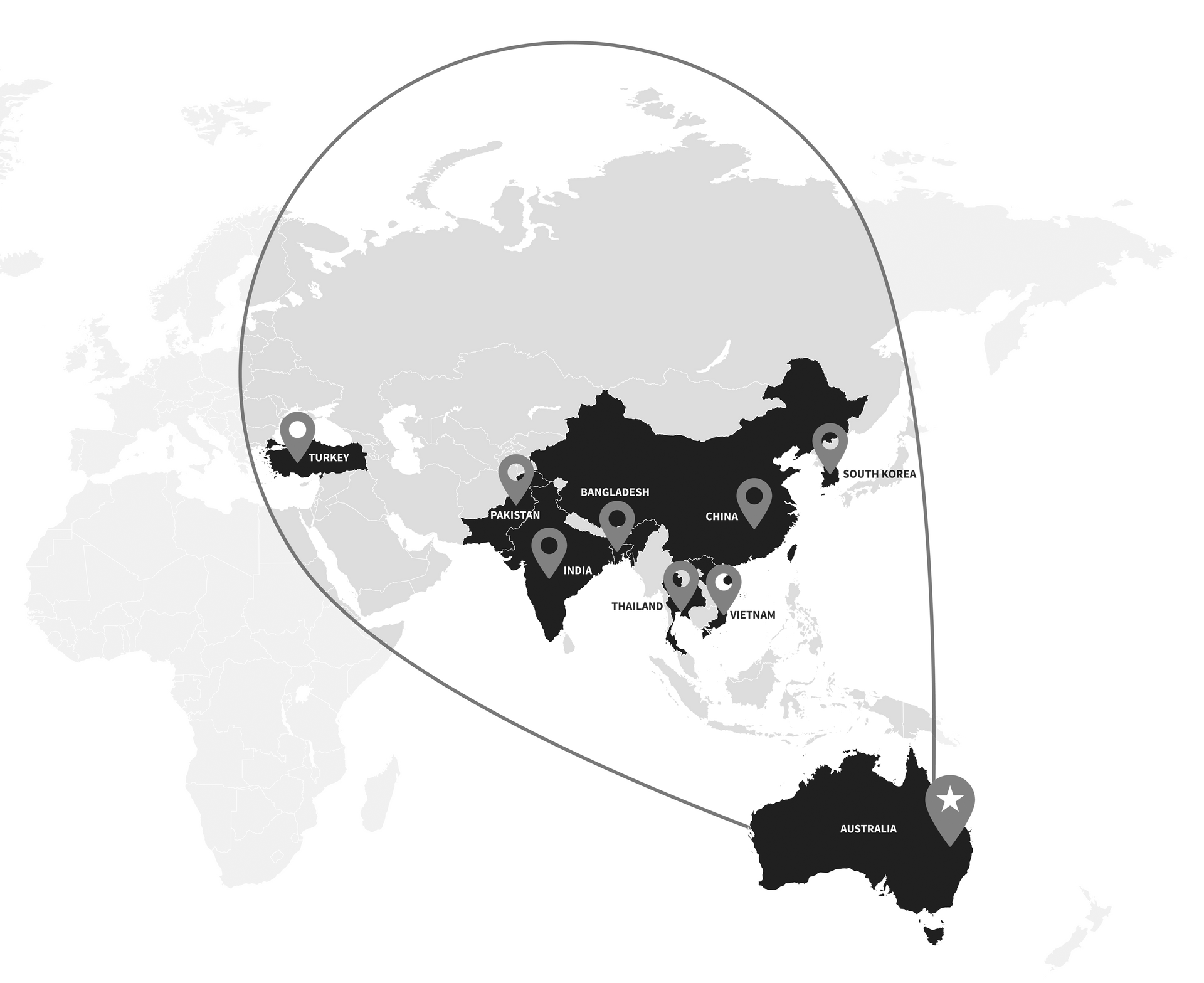 A black and white map of the world with a circle around it