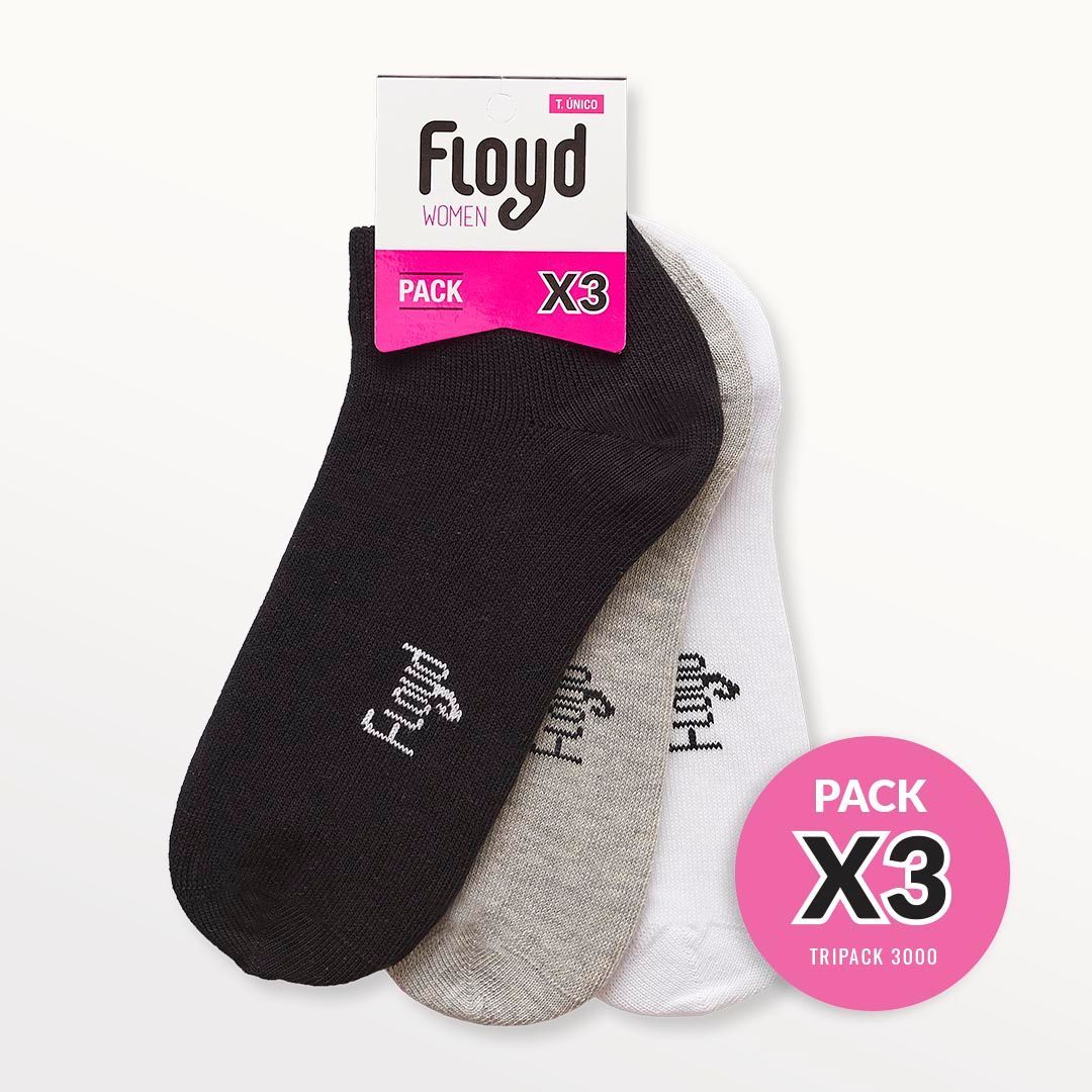 Paquete de tres pares de calcetines tobilleros Floyd en negro, gris y blanco con empaque rosa.