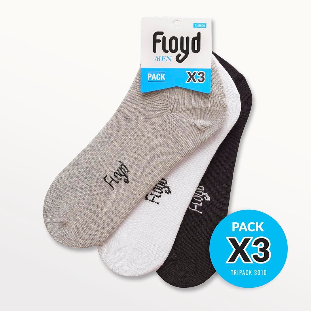 Paquete de tres pares de calcetines tobilleros Floyd en gris, blanco y negro con etiqueta azul en el empaque.