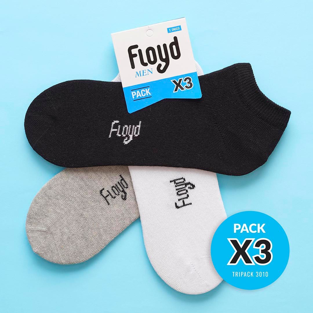 Paquete de tres pares de calcetines tobilleros Floyd en gris, blanco y negro con etiqueta azul en el empaque.