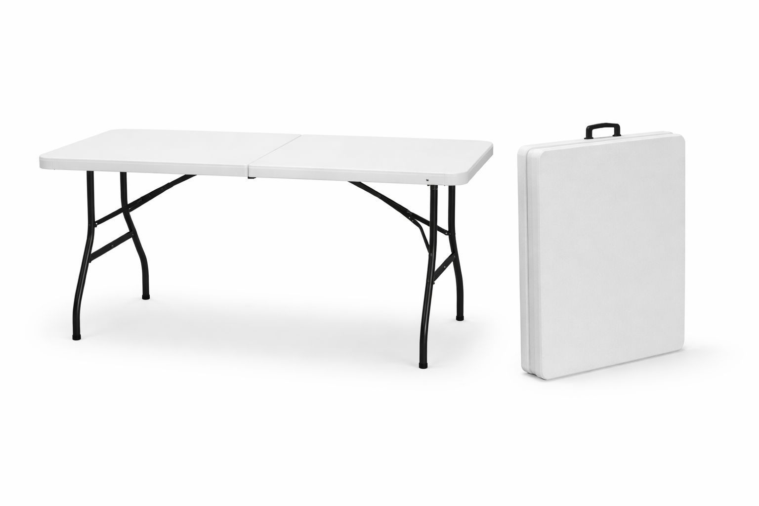 Mesa plegable blanca con patas negras junto a una maleta de transporte blanca plegada con asa.