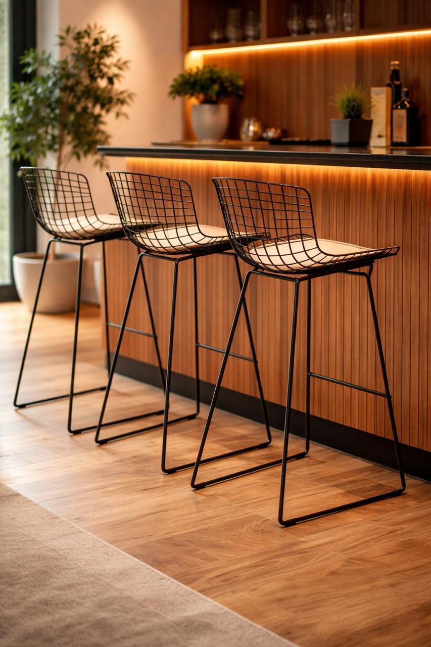 Taburete de bar con estructura de alambre y asiento negro sobre fondo blanco.