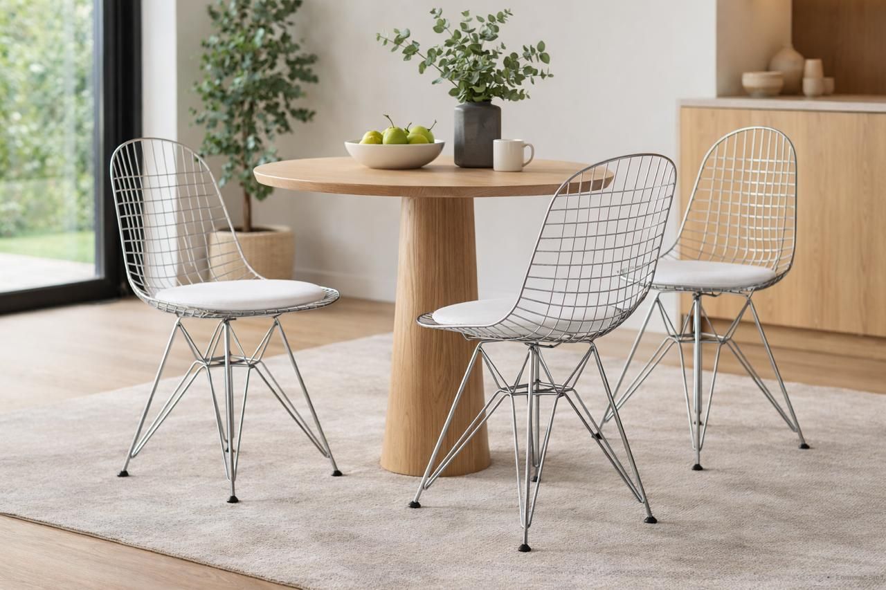 Tres vistas de una silla blanca con estructura de alambre y patas de madera sobre un fondo liso.