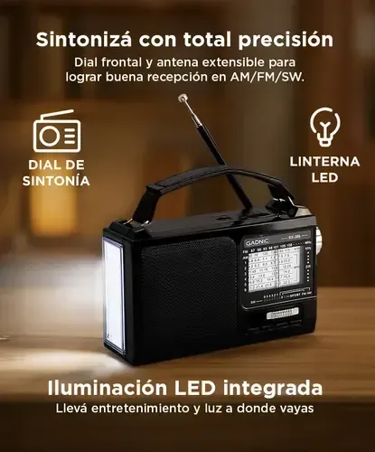 Radio portatil BT inalambrica AM/FM con Bluetooth y linterna
