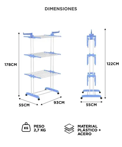 Tendedero plegable blanco con detalles azules y tres estantes de alambre con ruedas.